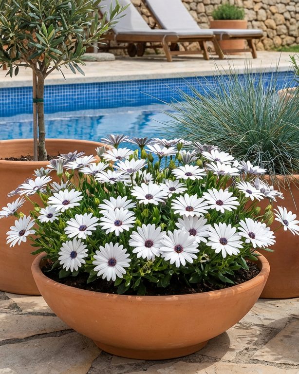 African Daisy White – Osteospermum ecklonis in a terracotta bowl