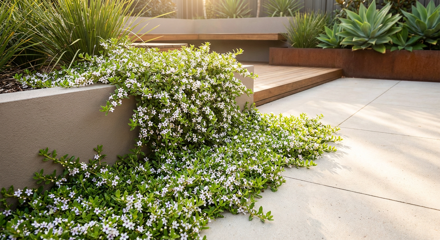 Myoporum parvifolium White cascading over a garden wall