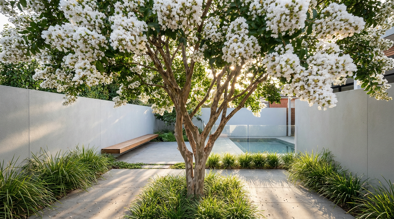 Crepe Myrtle White in a courtyard