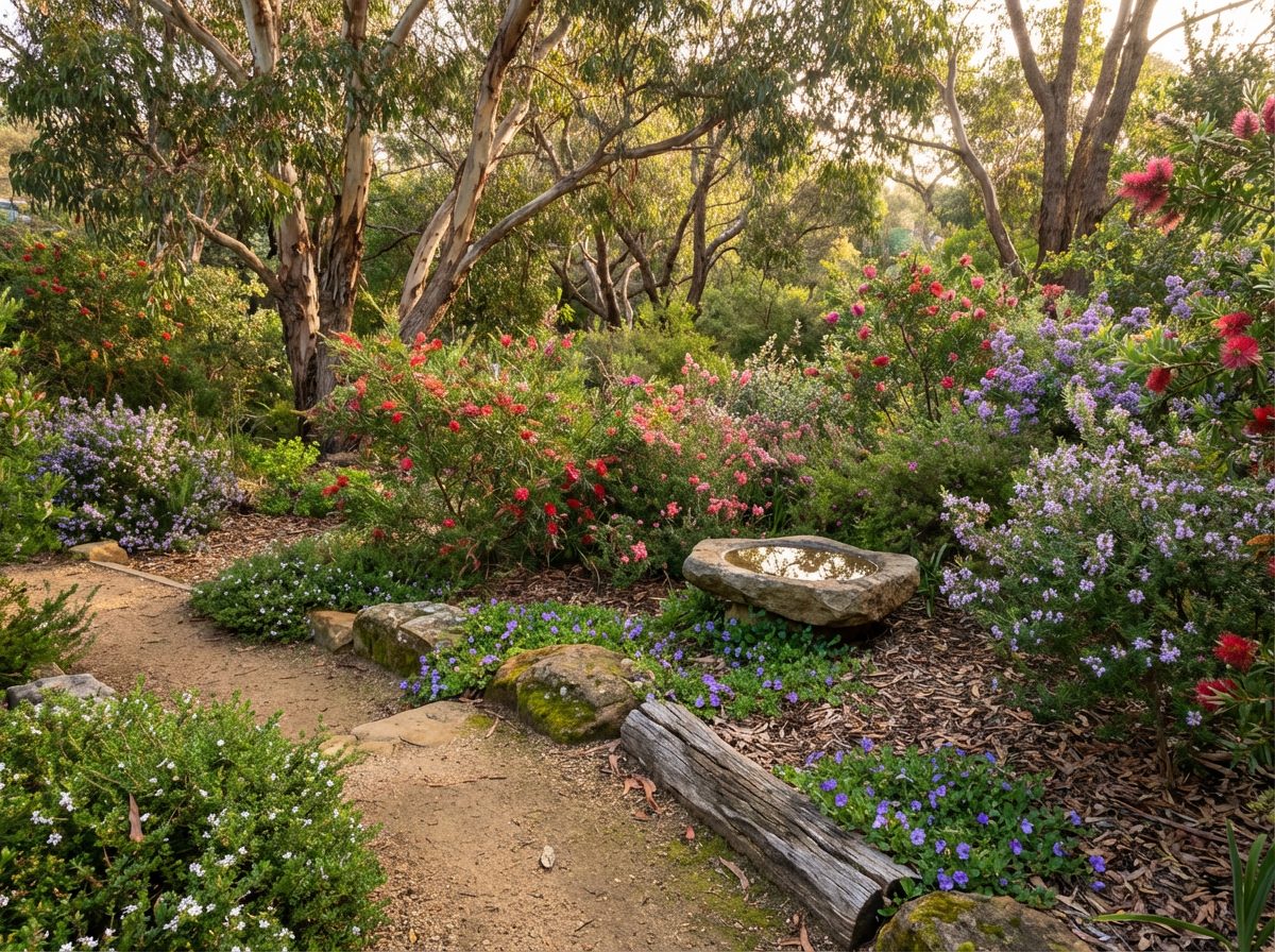 Lush Australian native wildlife garden in a suburban backyard with eucalyptus canopy, flowering shrubs, native ground covers, tussock grasses, and a natural stone bird bath