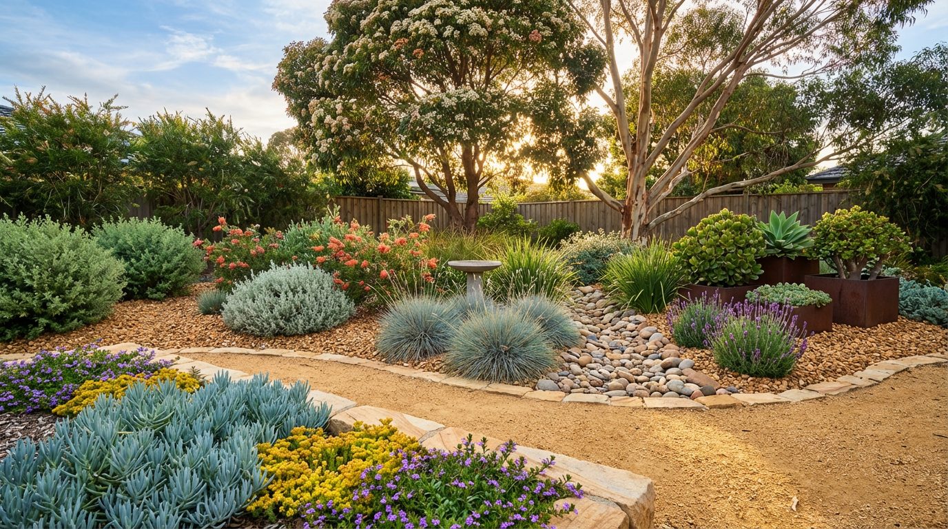 Beautifully designed xeriscape water-wise garden in a suburban Australian setting with native trees, drought-tolerant ground covers, succulents, silver foliage, gravel paths, and flowering accents